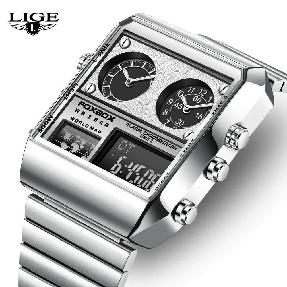 LIGE Watch Men Top Brand Luxury Square Digital Watches Fashion Stainless Steel Waterproof Wristwatch Analog Clock with Backlight zt109 pocket size digital multimeter true rms 9999 counts square wave backlight ac dc voltage ammeter current ohm meter tool