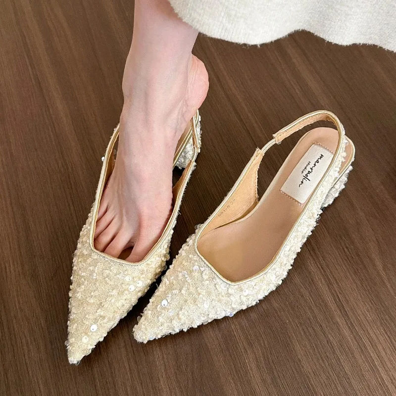 New Summer Fashion Pointed Toe Paillette Non-slip Slingback Women Sandal Chunky Heels Banquet Women Shoes