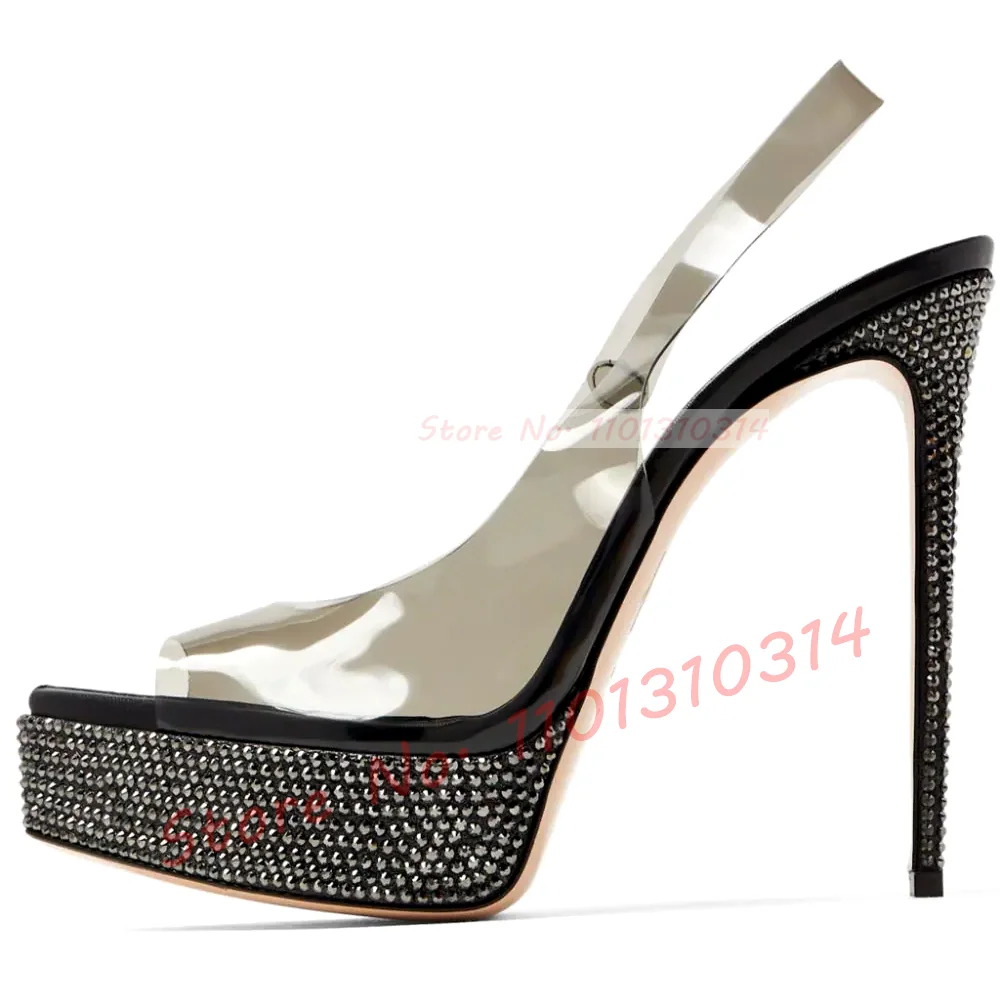 Black Clear Pointed Toe Platform Sandals Women Crystal See-through High Thin Heels Slingbacks Female Summer Elegant Sandals