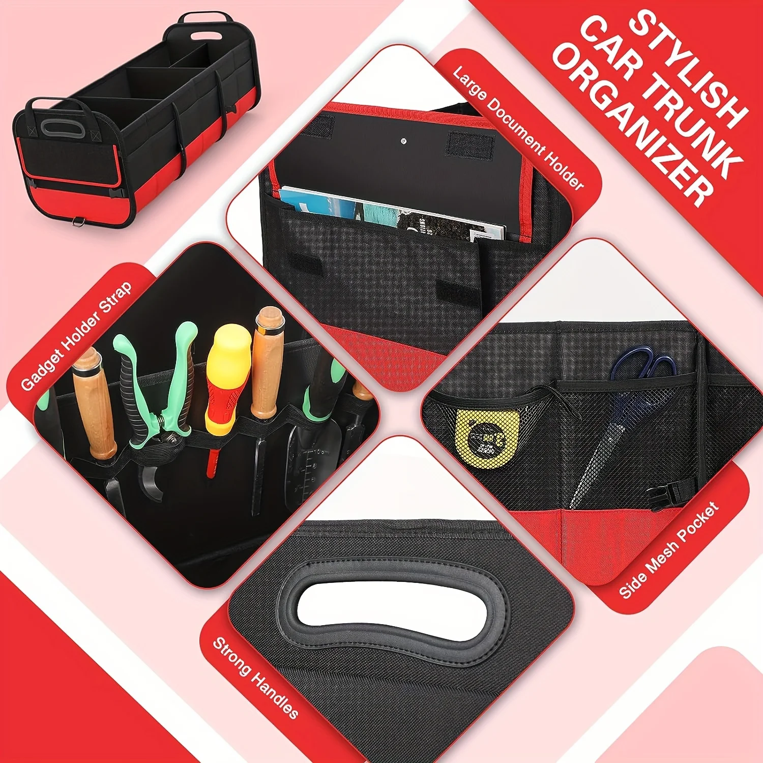 Large Trunk Organizer For Car, Collapsible Multi Compartment Car Trunk Organizer With 2 Retractable Straps, Suitable For All Kin 4