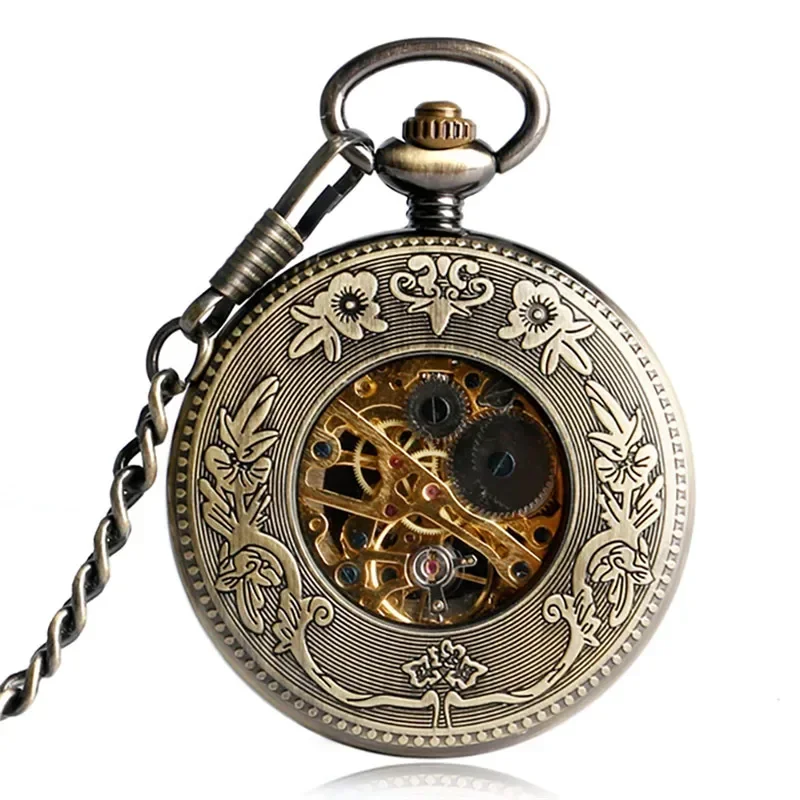 레트로 엘크 디자인 Steampunk 핸드 와인딩 기계식 회중 시계 남성용 여성용 전체 헌터 시계 (포브 체인 로마 숫자 포함)