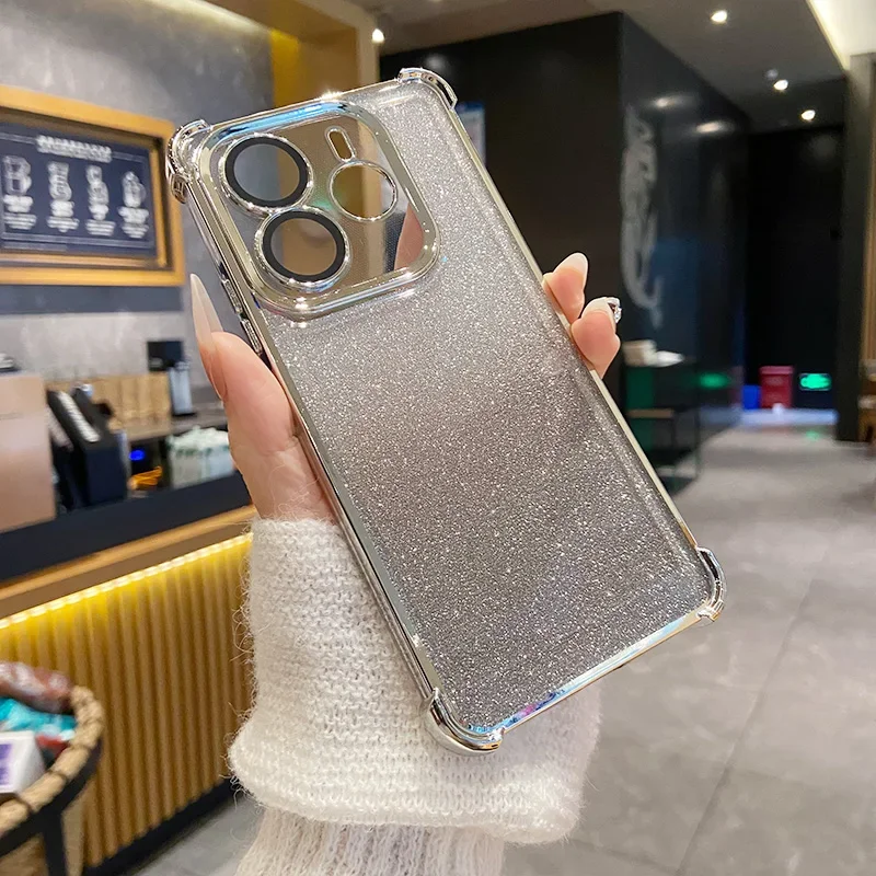 Glitter Air Bag Plating Shockproof Soft Case with Full Lens Protection Back Cover