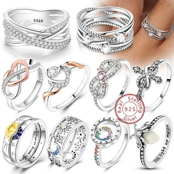 Rings Original 925 Sterling Silver Rings Bow Heart Sun Moon Star Zircon Rings For Women Jewelry Birthday Anniversary Gifts 1