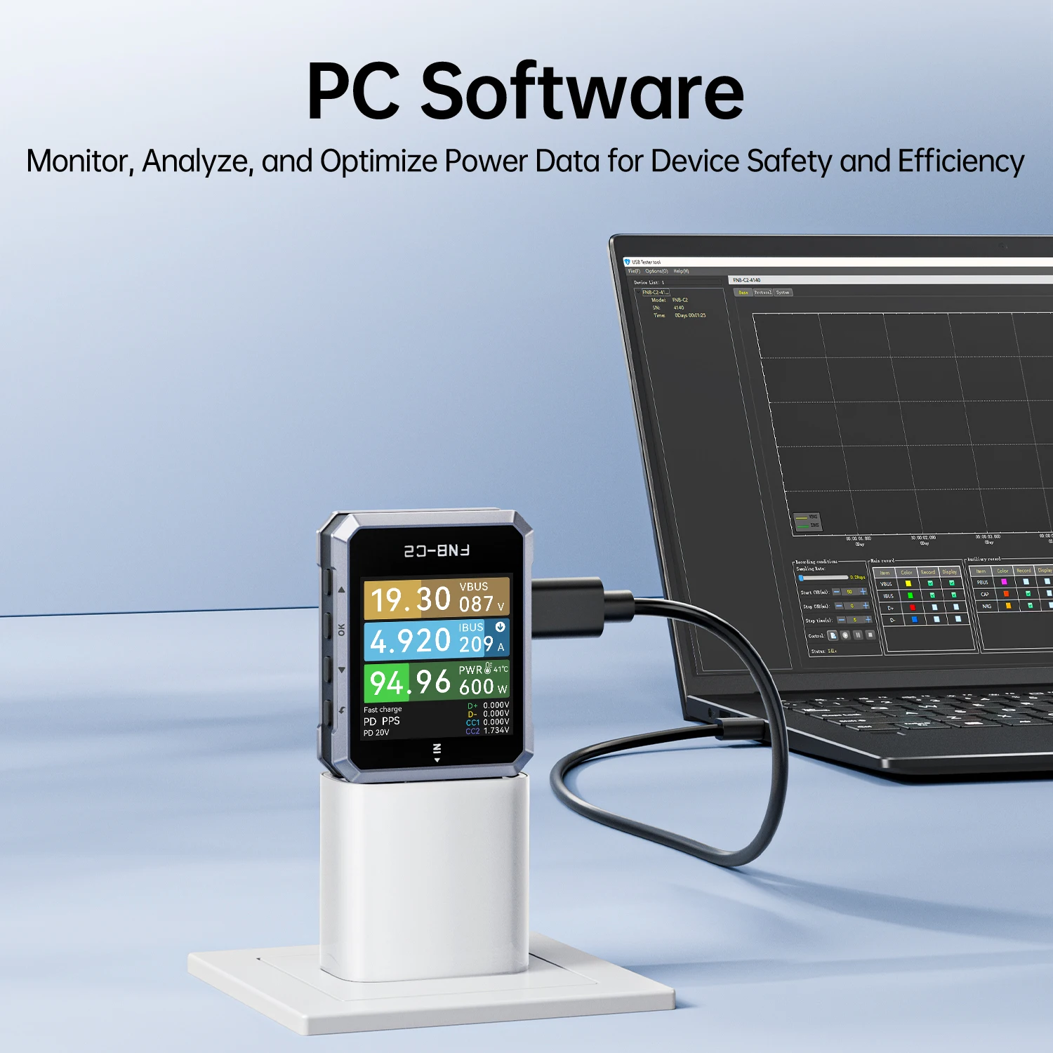 FNIRSI FNB-C2 USB Type-C PD3.1 고속 충전 테스터 50V 6.5A 240W 20비트 ADC 양방향 전류 리플 곡선 E-Marker 테스트 PC