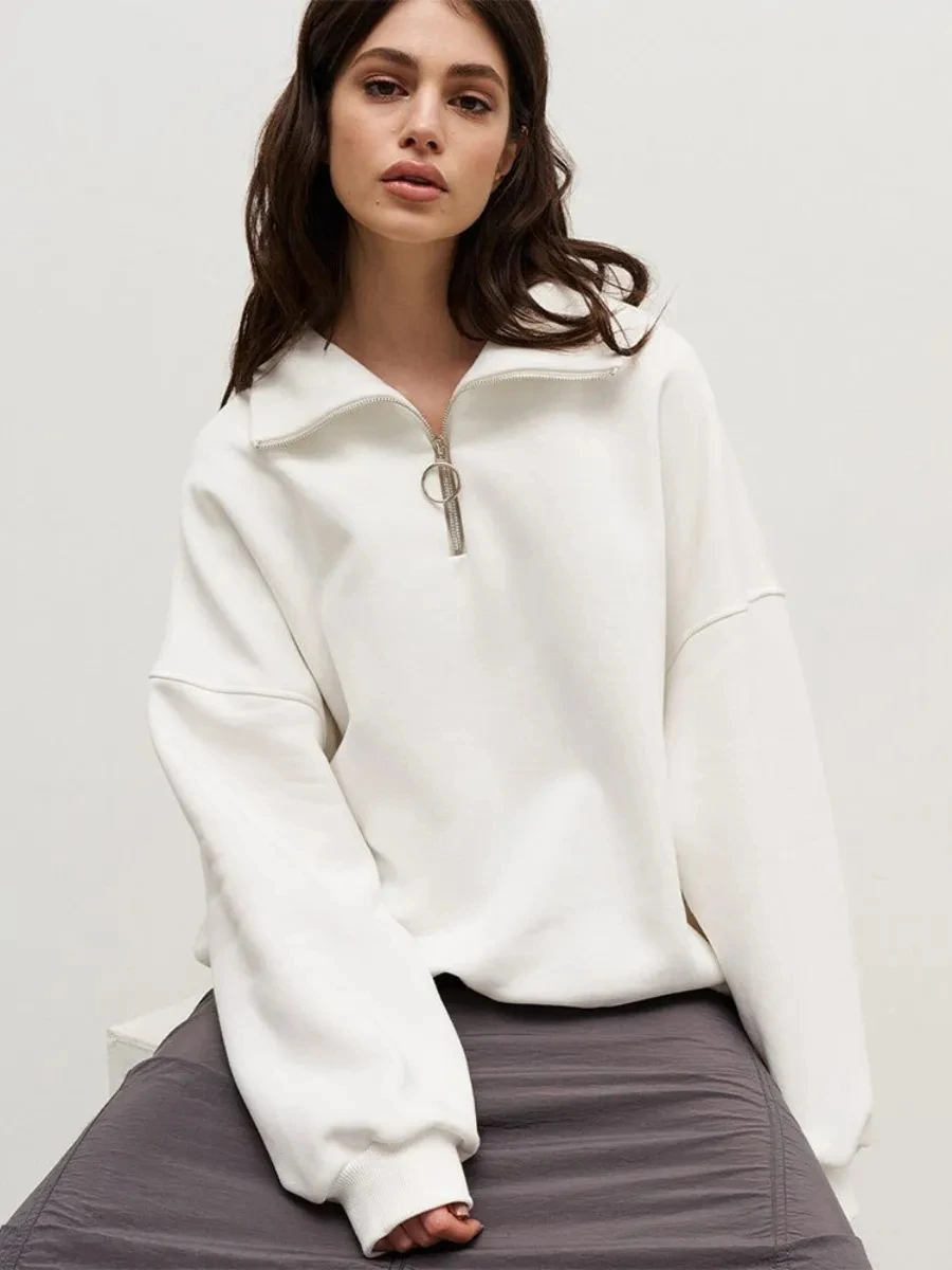 Women's Oversized Warm Fleece Sweatshirts Winter Thick Quarter Zip Up Loose Pullovers Unisex Matching Sweatshirt Streetwear