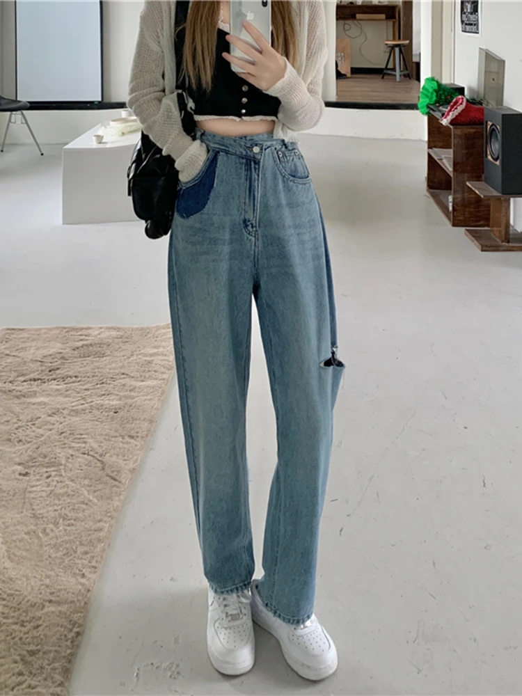 Stylish Irregular Blue Ripped Holes Jeans Korean Chic High Waist Wide Leg Denim Pants Loose Casual Trousers Dad Jeans 2023 New