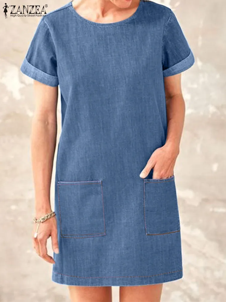 

ZANZEA Summer Denim Dress Women Fashion Short Sleeve Jeans Vestidos Casual Beach Mini Sundress Solid O Neck Party Short Dresses