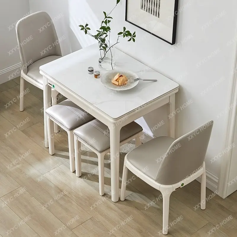 

Furniture Small Apartment Stone Plate Dining Tables and Chairs Set Collapsible Solid Wood Table Space-Saving Multi-Functional