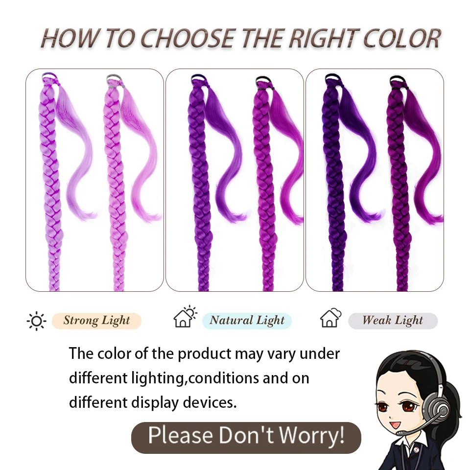 여성용 보라색 브레이딩 포니테일 헤어 익스텐션 고무줄이 있는 합성 브레이딩 헤어 긴 포니테일 랩 어라운드 헤어피스