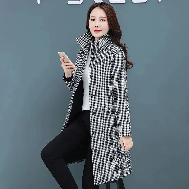 2023 Autumn/Winter New New Cotton Coat Slim Plaid Stand up Neck Fashionable Casual Cotton Clip Warm Coat Windbreaker for Women