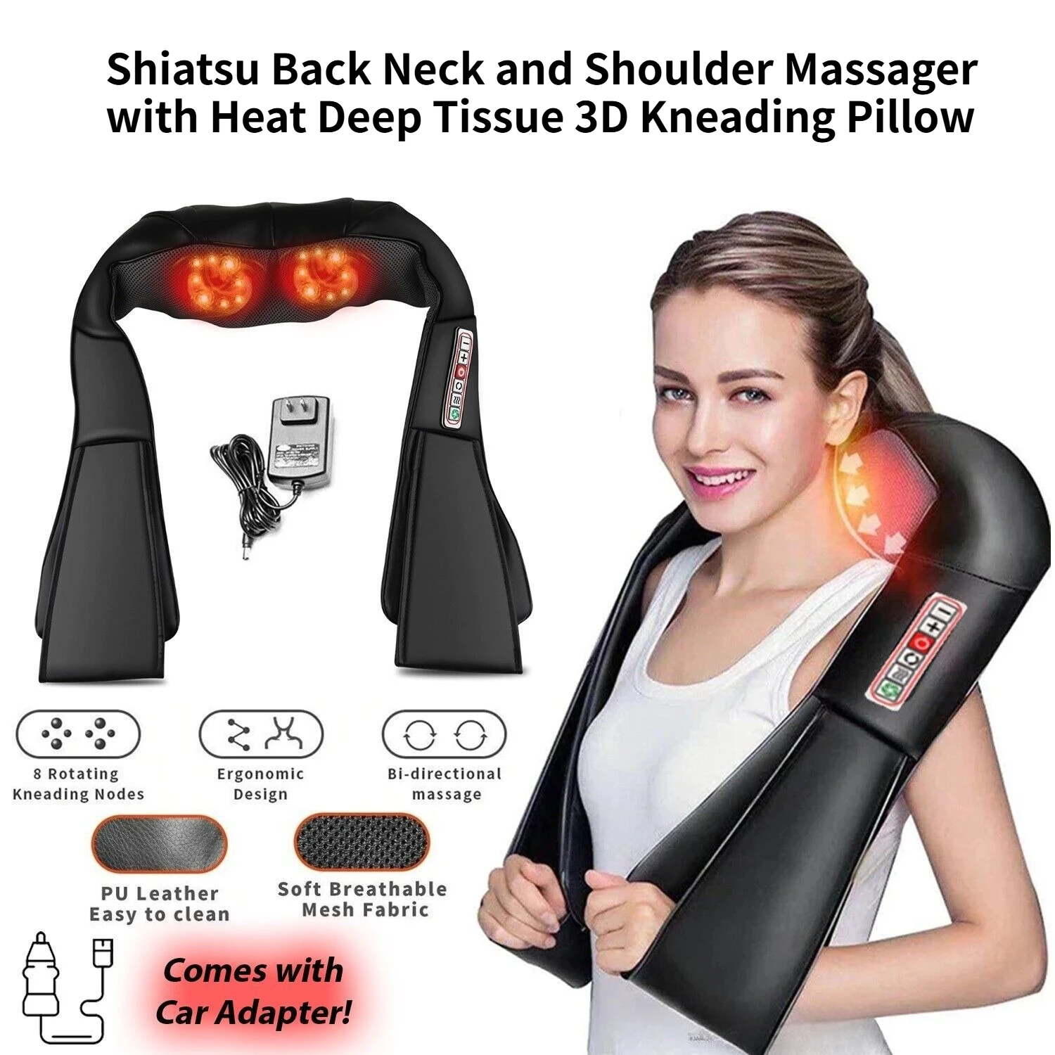 Masajeador Shiatsu para Espalda, Cuello y Hombros con Calor, Amasamiento Profundo 3D y Almohada