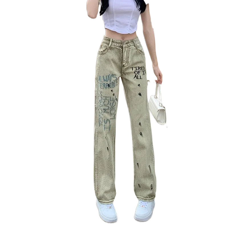 American Embroidered Splash Ink Hot Girl Jeans Women's High Waist Slimming Trendy All-match Loose Straight Wide Leg Pants