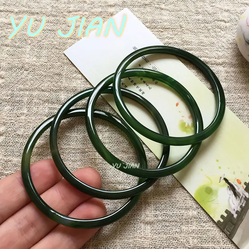 New Original Ecological Texture Natural Green Jade Bangle Round Bar Agate Chalcedony Bracelet Exquisite Elegant Handring Jewelry