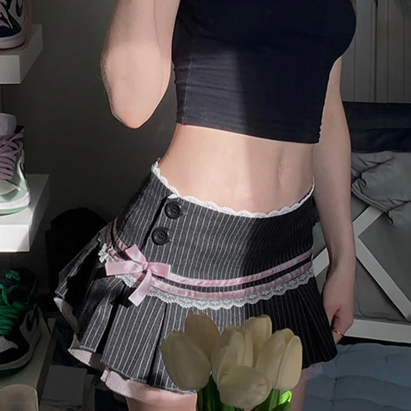 

Sweet Pink Bow Stitched Mini Skirt 90s Vintage Striped Print Low Rise Super Short Pleated Skirts for Women Korean Style