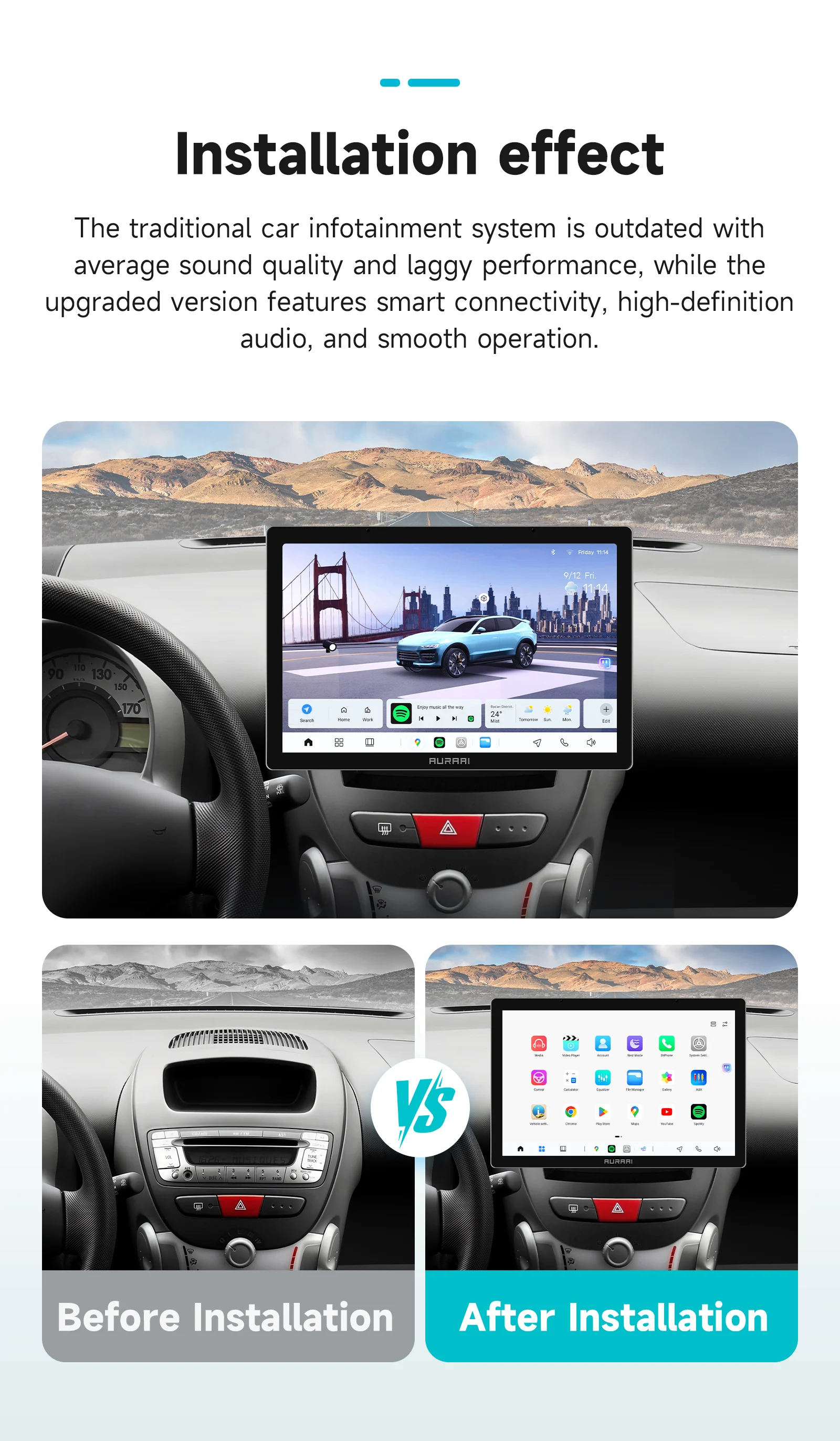 AURAAI 2din Audio Autoradio für Peugeot 107 Citroen C1 Toyota Aygo 2005-2014 Smart Car System Radio Multimedia Android CarPlay – Detail 3