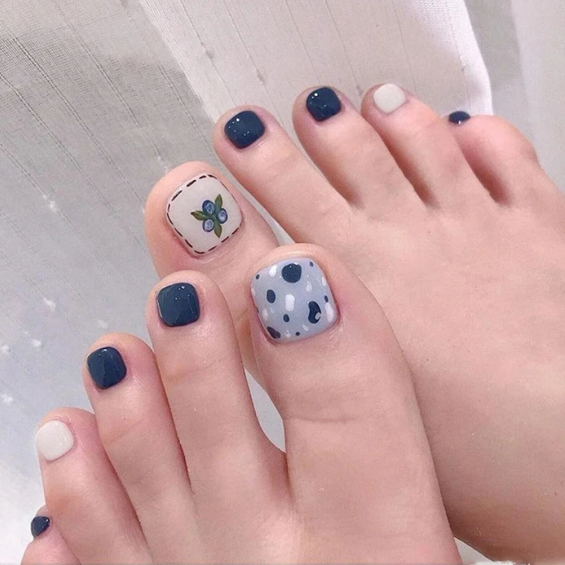 Summer New Blueberry Pattern Dark Blue Full Cover Short Flat Shape Toe Nail  False Nails Diy Foot Tip Nails Art Salon Manicure - False Nails - AliExpress
