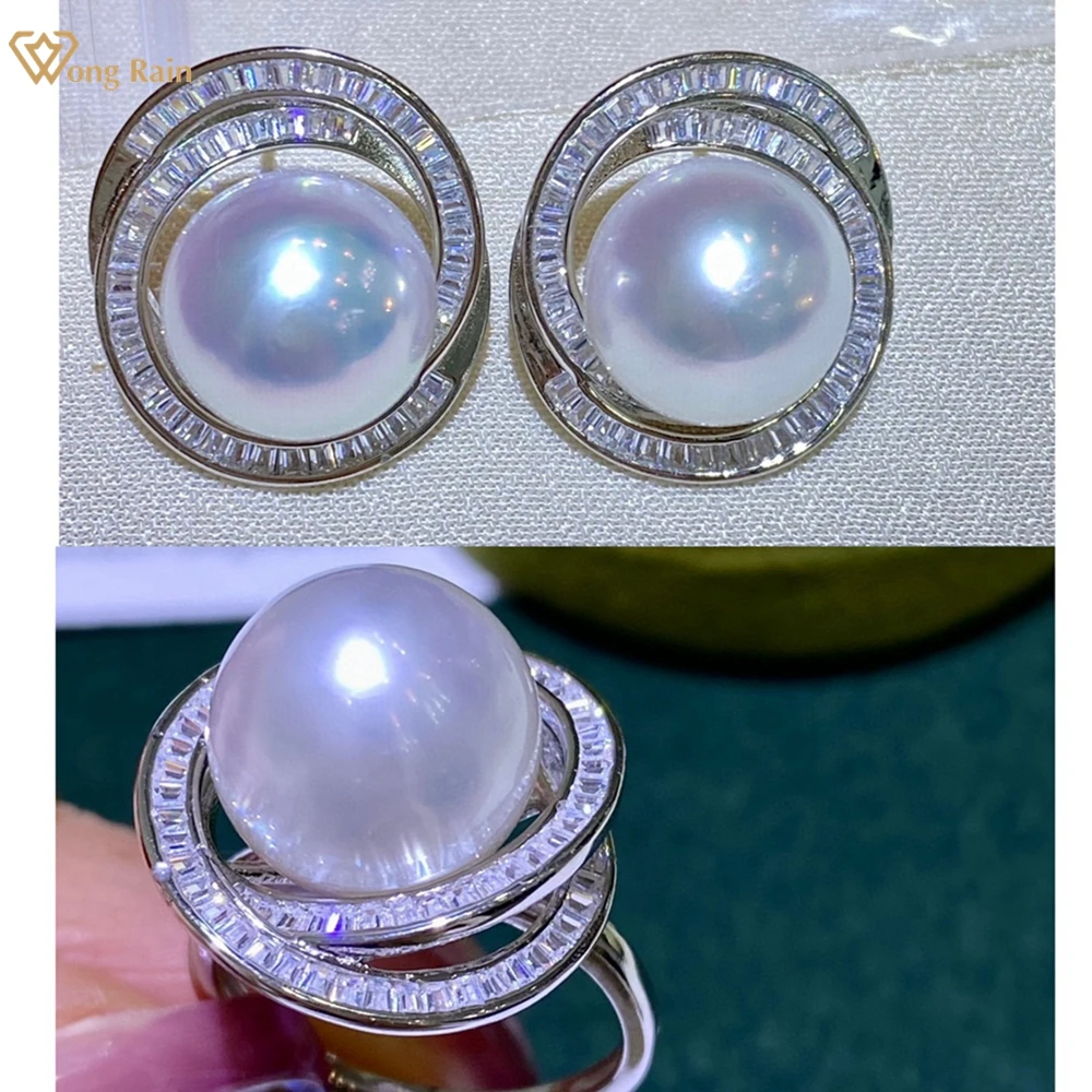 

Wong Rain Vintage 925 Sterling Silver 11-12 MM Natural Pearls High Carbon Diamond Gemstone Studs Earrings/Ring Jewelry Sets 2Pcs