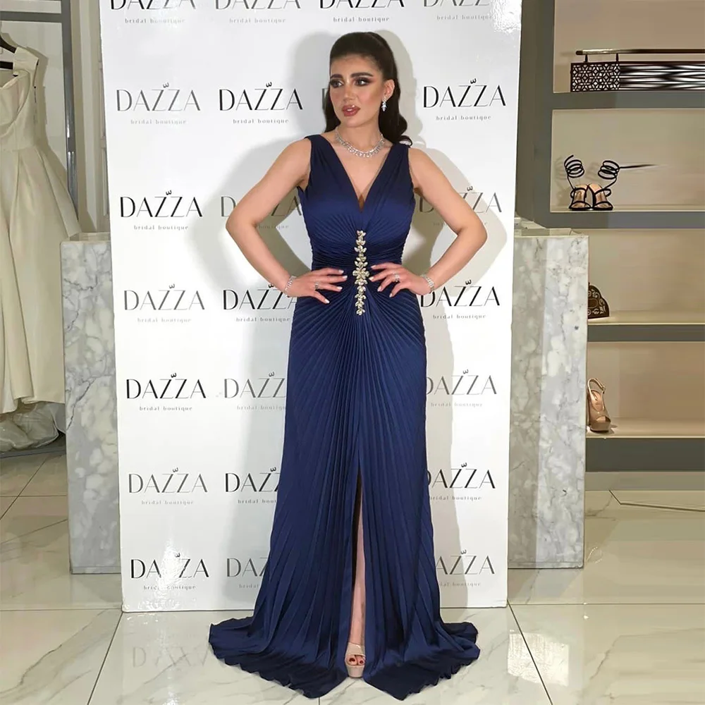 

Xijun Royal Blue Satin Mermaid Evening Dresses V-Neck Sleeveless Saudi Arabic Pleat Ruched Prom Dress Formal Party Gowns 2023
