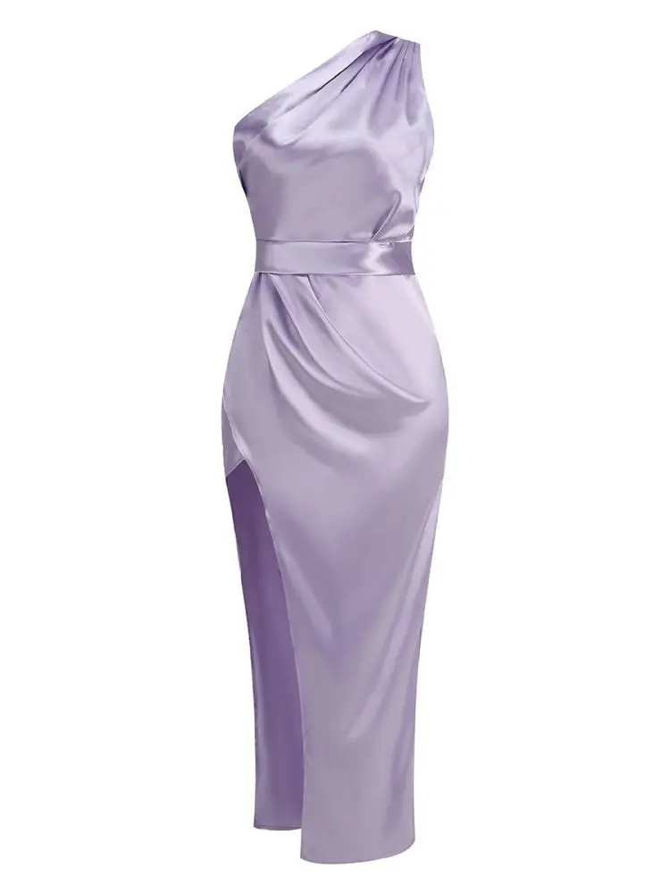

Wedding Guest Elegant Gowns 2024 Spring Sloping Shoulder Evening Dresses for Women Clothes Purple Satin High Slit Birthday Dres