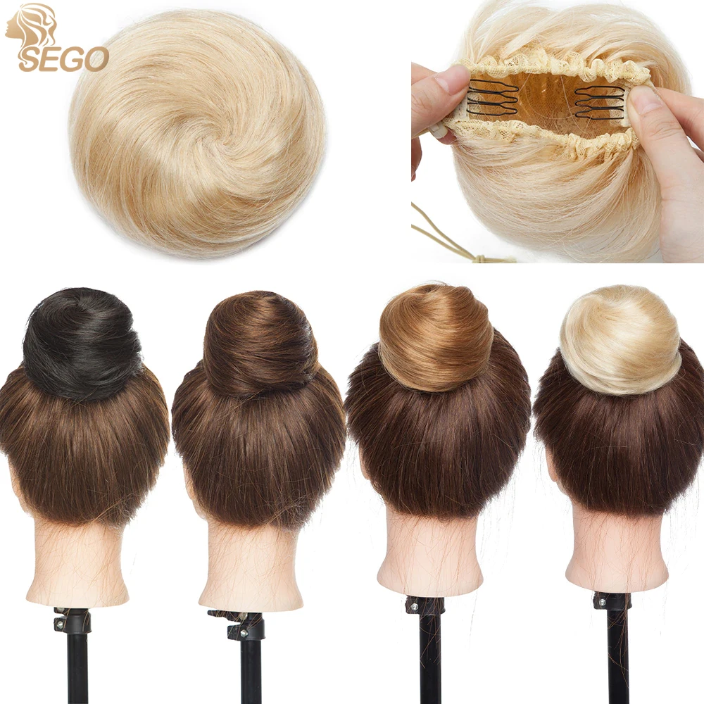 Human Hair Bun Extension SEGO 100% Human Hair Bun Extension Donut Chignon Hairpieces Women Men Instant Up-Do Bun Drawstring Scrunchies