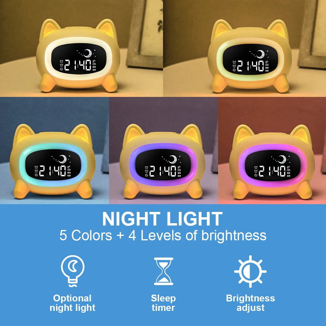 Cute Animal Alarm Clock Sleep Wake Up Colorful Night Light Electronic Digital Multi Function Children Sleep Trainer Home Decor