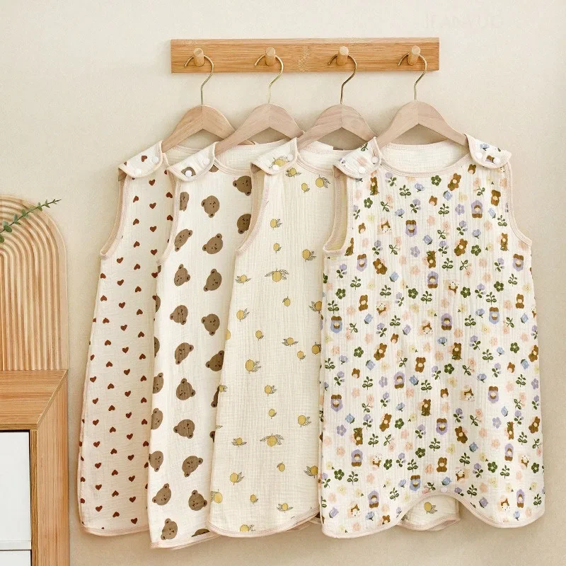 Summer Thin Four Layer Cotton Gauze Baby Jumpsuits Waistcoat Vest Cartoon Infant Kick Resistant Quilt Kids Sleeping Robe Blanket