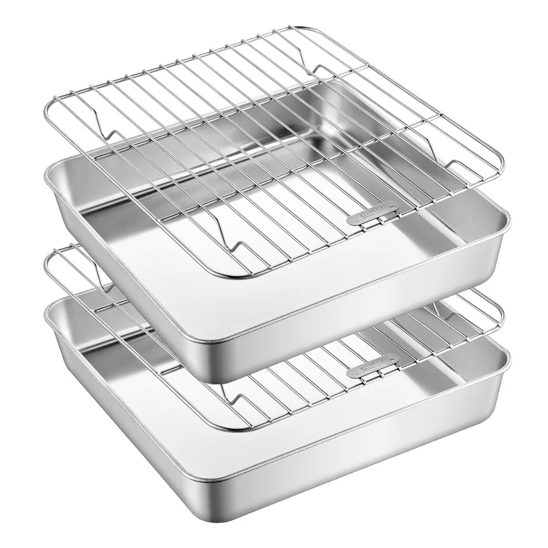 Square Stainless Steel Deepening Baking Tray Nonstick Cookie Bread Fruit Storage Plate with Grid Draining Dish Kitchen Utensils 2
