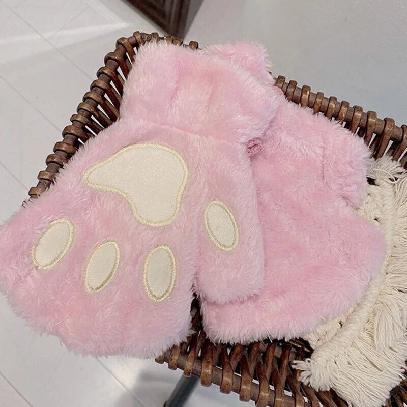 

Winter Women Cute Cat Claw Paw Plush Gloves Mittens Warm Soft Plush Fingerless Fluffy Pink Cat Gloves Half Finger Gloves Gifts