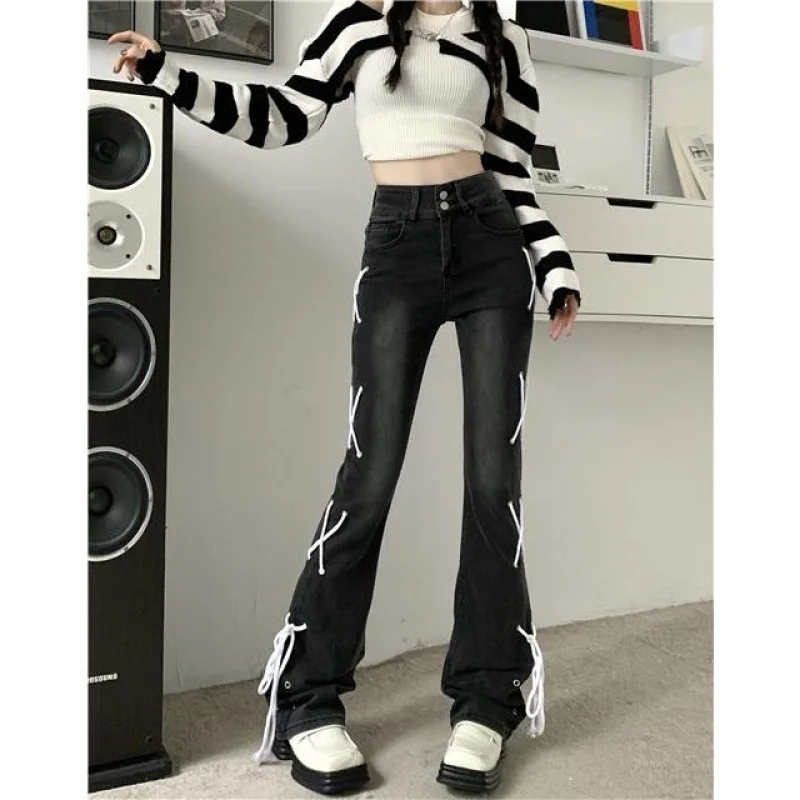 

New Fashion High-quality Niche Design High-waisted Micro-flare Jeans Women's Waist Slimming Pear-shaped Figure Strappy Jeans