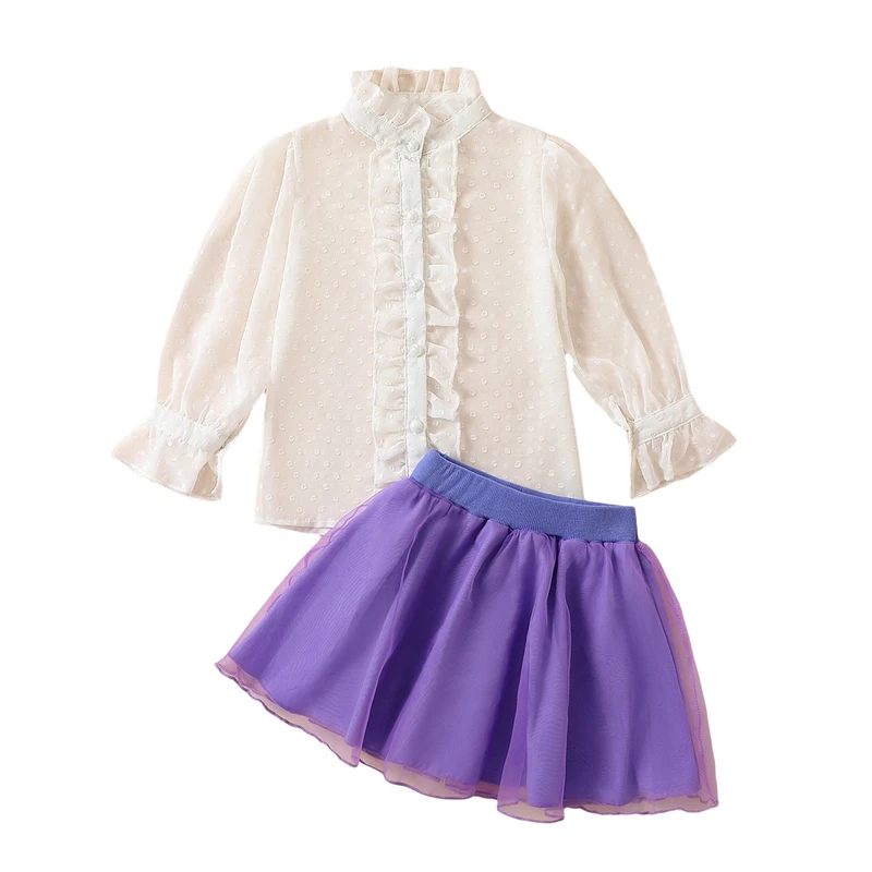 

Girls Clothing Sets 2Pcs Outfit Fashion Swiss Dot Mesh Long Sleeve Button Down Shirt Top and Tulle A-Line Skirt Kids Clothes
