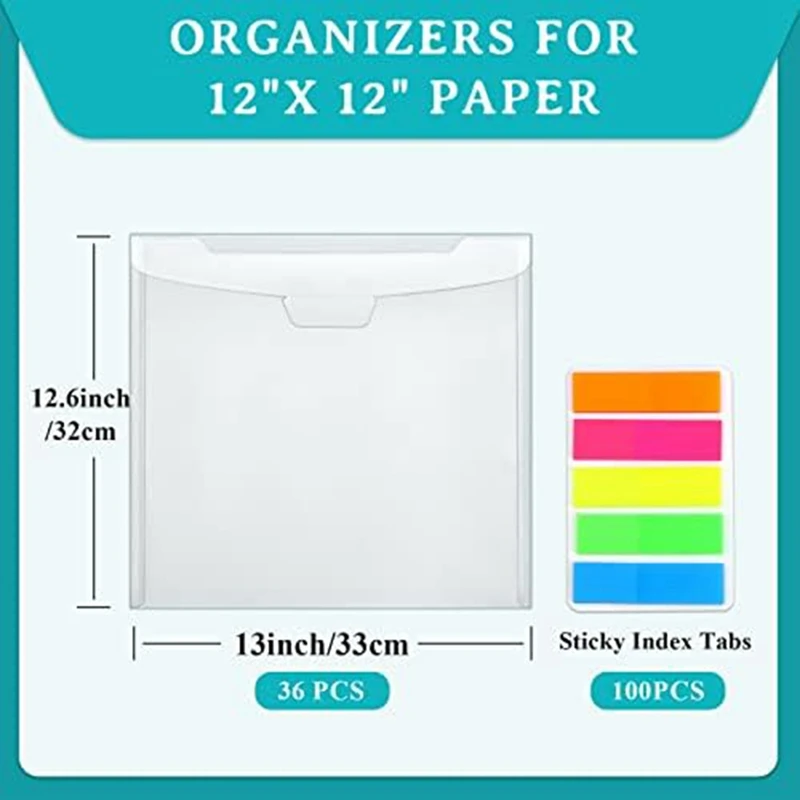 버클 디자인 스크랩북 용지 보관, 100 개, 12x12 인치 용지 보관용 멀티 컬러 스티커 인덱스 탭 포함, 36 개