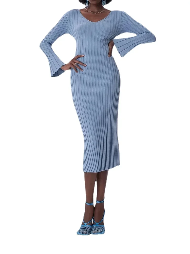 

Women V-neck Flare Sleeve Dress Autumn Winter Rib Knitted Stretchable Slim Midi Dresses