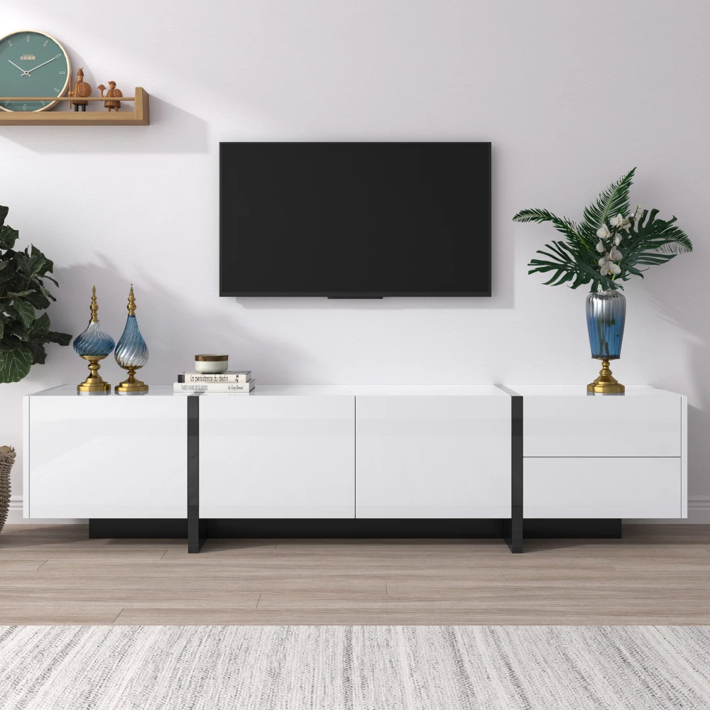 190 cm TV-Schrank mit 3 Türen und Schubladen – Weiß mit goldenen Akzenten und Holzschnitzereien, Lowboard für die Medienaufbewahrung im Wohnzimmer – Detail 16