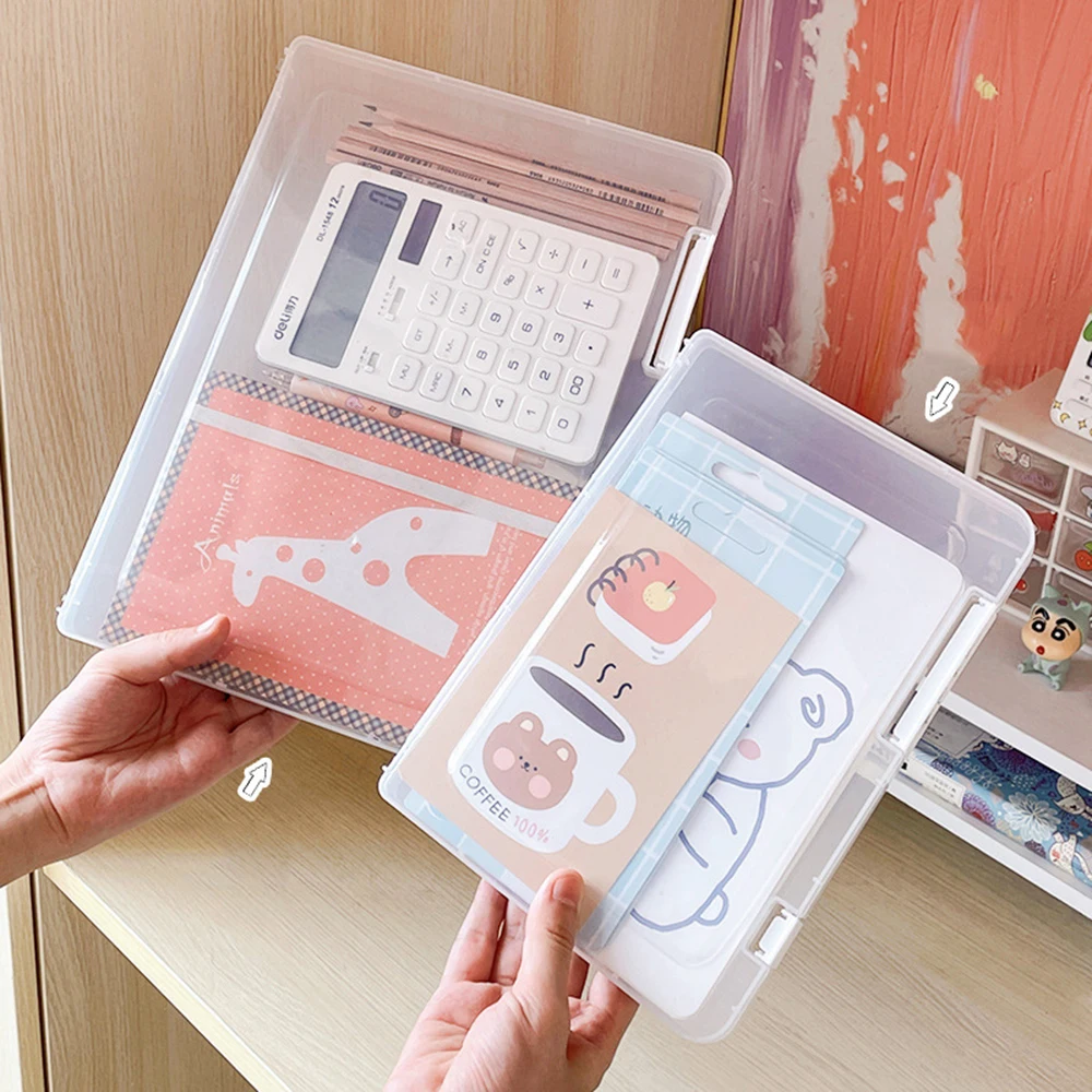 A4 Document Storage Box With Snap Buckle Transparent Plastic File Organizer Box Desk Stationery And File Office Supplies