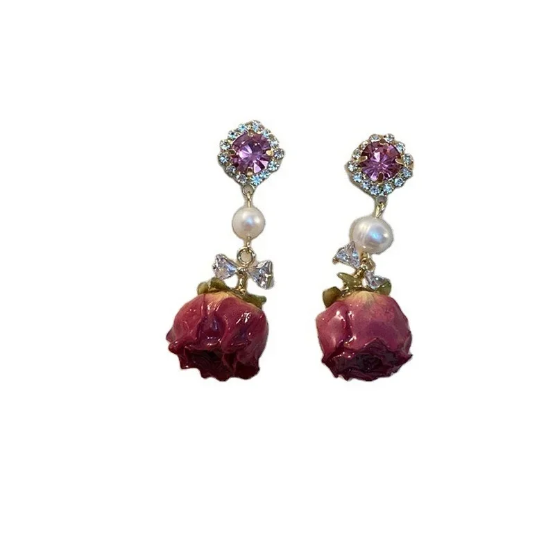 Fashion Jewelry Design Vintage Immortal Flower Real Flower Glue Fresh and Sweet Freshwater Pearl Stud Earrings for Women