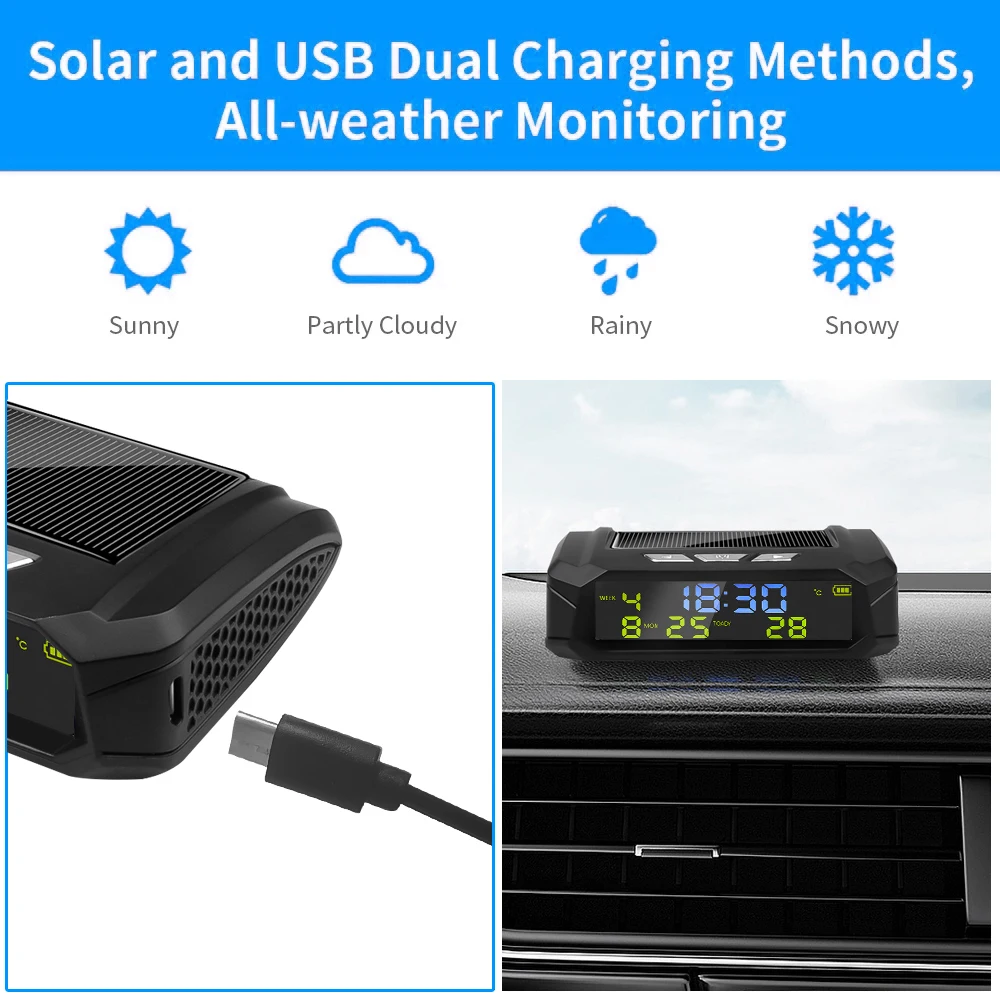 USB 태양열 충전 스마트 디지털 자동차 시계, 달력 시간 온도 LED 디스플레이, 자동차 인테리어 액세서리, 자동 시동