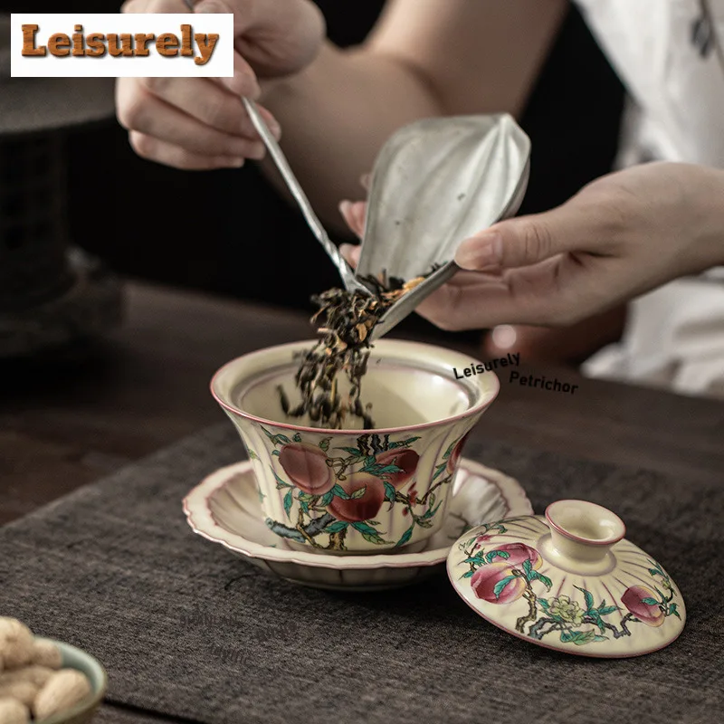 175ml Lard Jelly Ru Kiln Nine Peach Horse Hoof Gaiwan Vintage Tea Tureen Tea Bowl with Lid Kit Tea Making Cover Bowl for Tea
