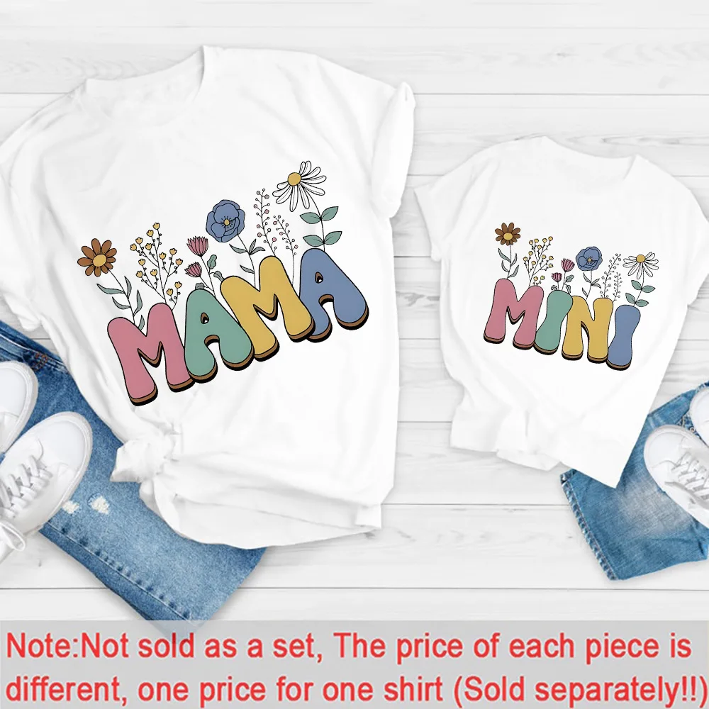 2pc Colorful Flower Letter MAMA and MINI Matching Family Outfits Mothers Day Gift Blessed Mommy and Kids Leisure Fun T-Shirt 2