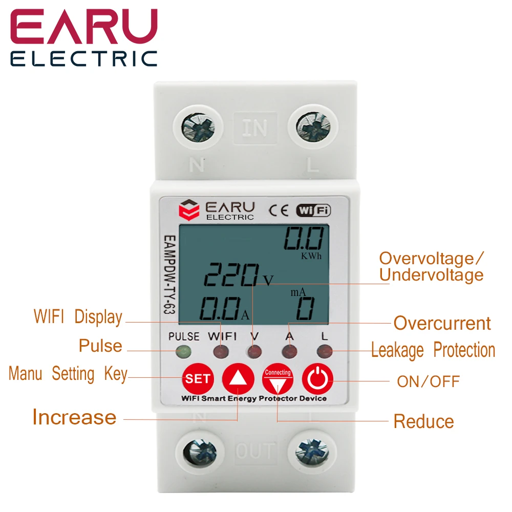 2P 63A TUYA APP WiFi Smart Circuit Earth Leakage Over Under Voltage Protector Relay Device Switch Breaker Energy Power kWh Meter digital vernier caliper