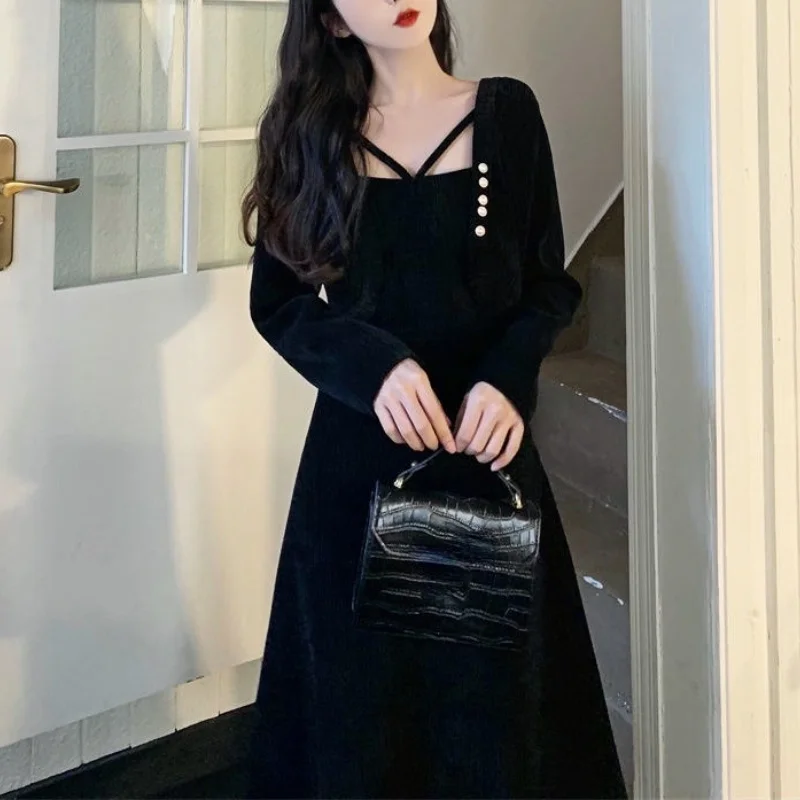

Vintage Elegant Dress Women Party 2021 Winter Design Black Midi Dress Evening One Piece Dress Korean Fashion Clothes Office Lady