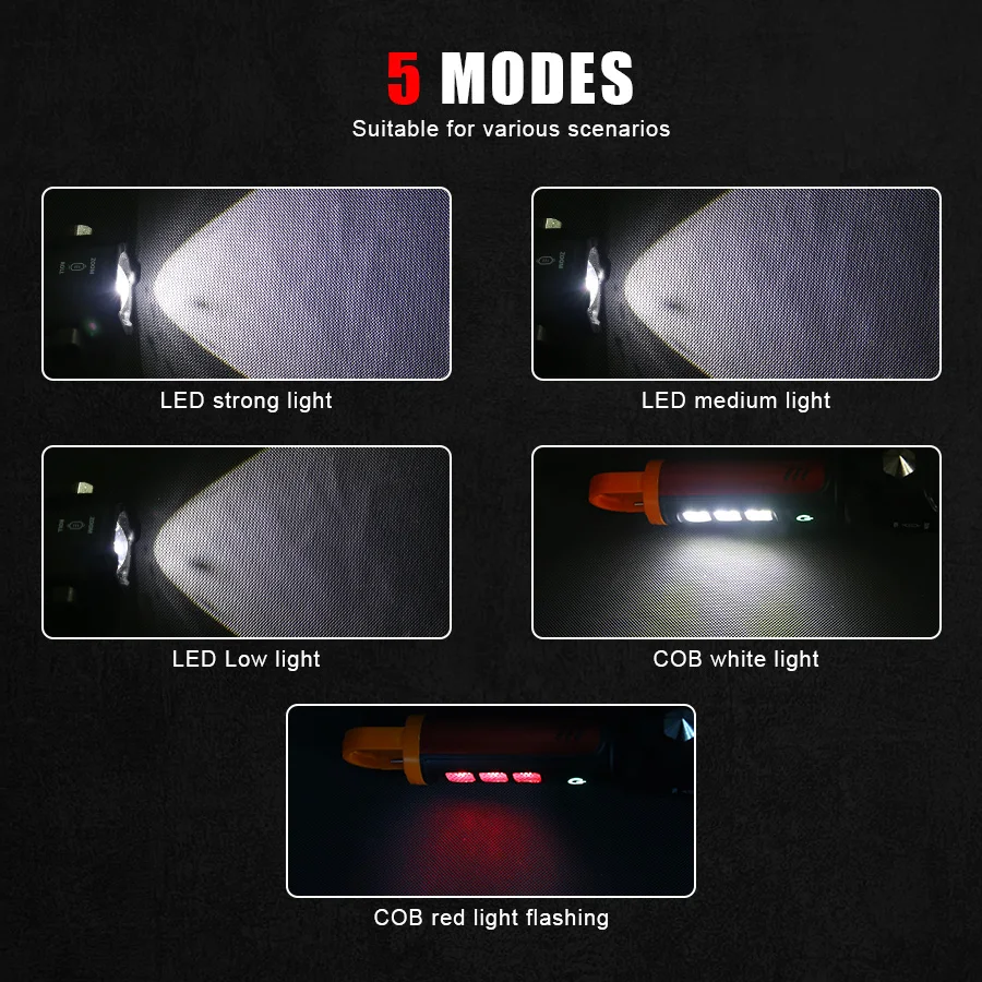 다기능 전술 손전등, 고출력 LED + COB USB 충전, 안전 망치, 비상용 방수 알루미늄 토치