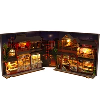 DIY Book Nook Wooden Miniature Model Kit Chinese Food Street Casa Bookend 3D Puzzle With Light Bookshelf Home Decor Friends Gift 1