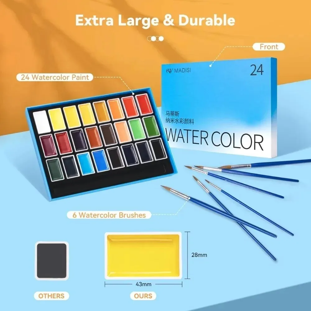 Watercolor Paint Set Full Pan 24 Colors Solid Watercolor 6 Brush Pens for Beginners Students and Artists