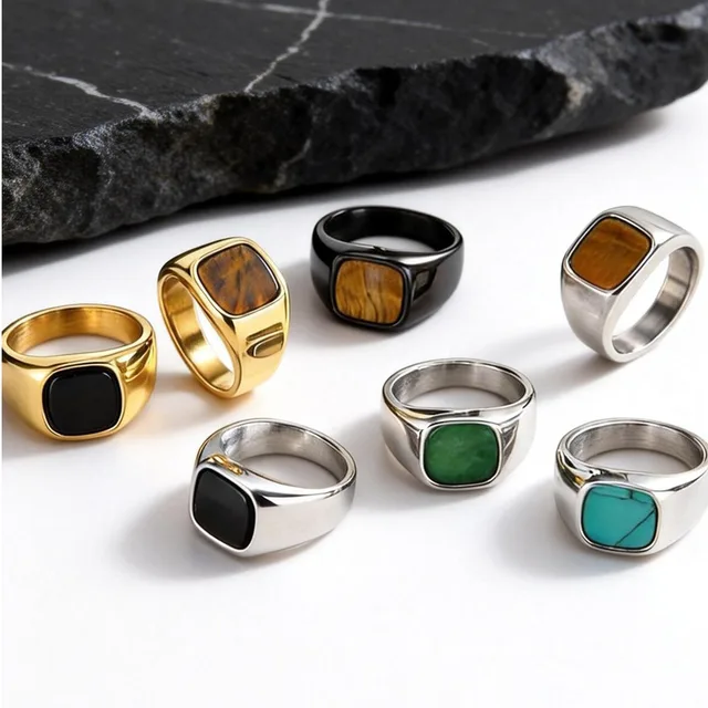 91204-4e7905.jpg Bague élégante en pierre naturelle carrée pour homme, bague signet en acier inoxydable étanche, cadeau d'anniversaire pour lui, papa