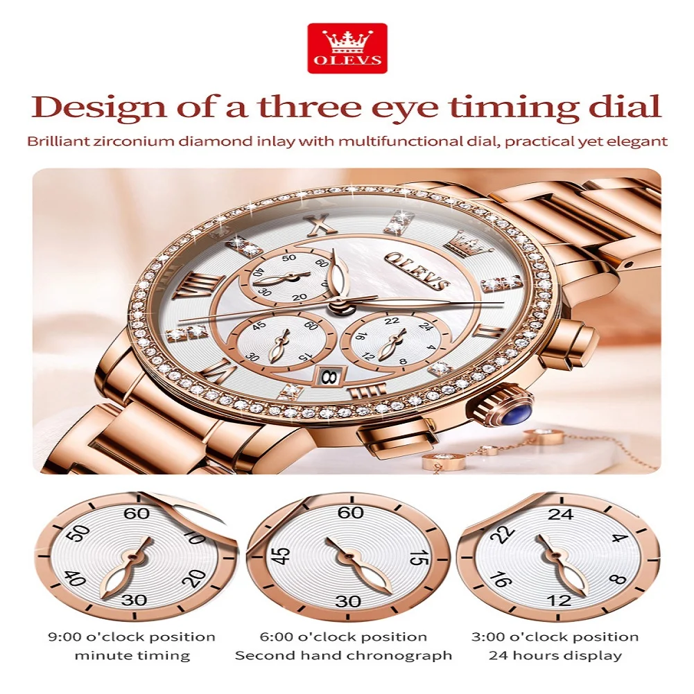 OLEVS 9976 Quartz Watch Women Top Brand Luxury Elegant Multifunction  Design Stainless Steel Luminous Waterproof Wristwatch Gift