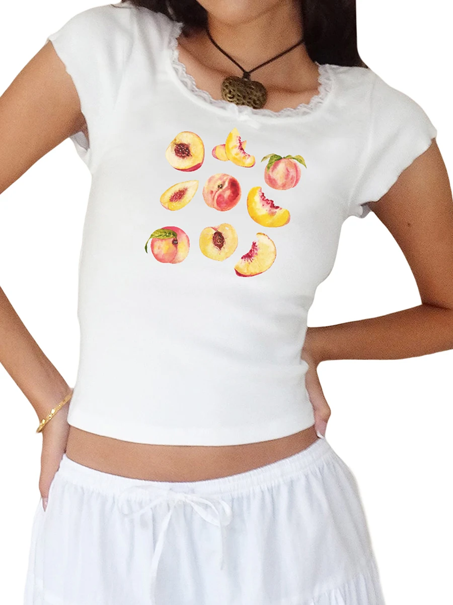 

Женская Базовая укороченная футболка с вырезом лодочкой и коротким рукавом, летний укороченный топ с кружевной отделкой, облегающая футболка, Y2K одежда