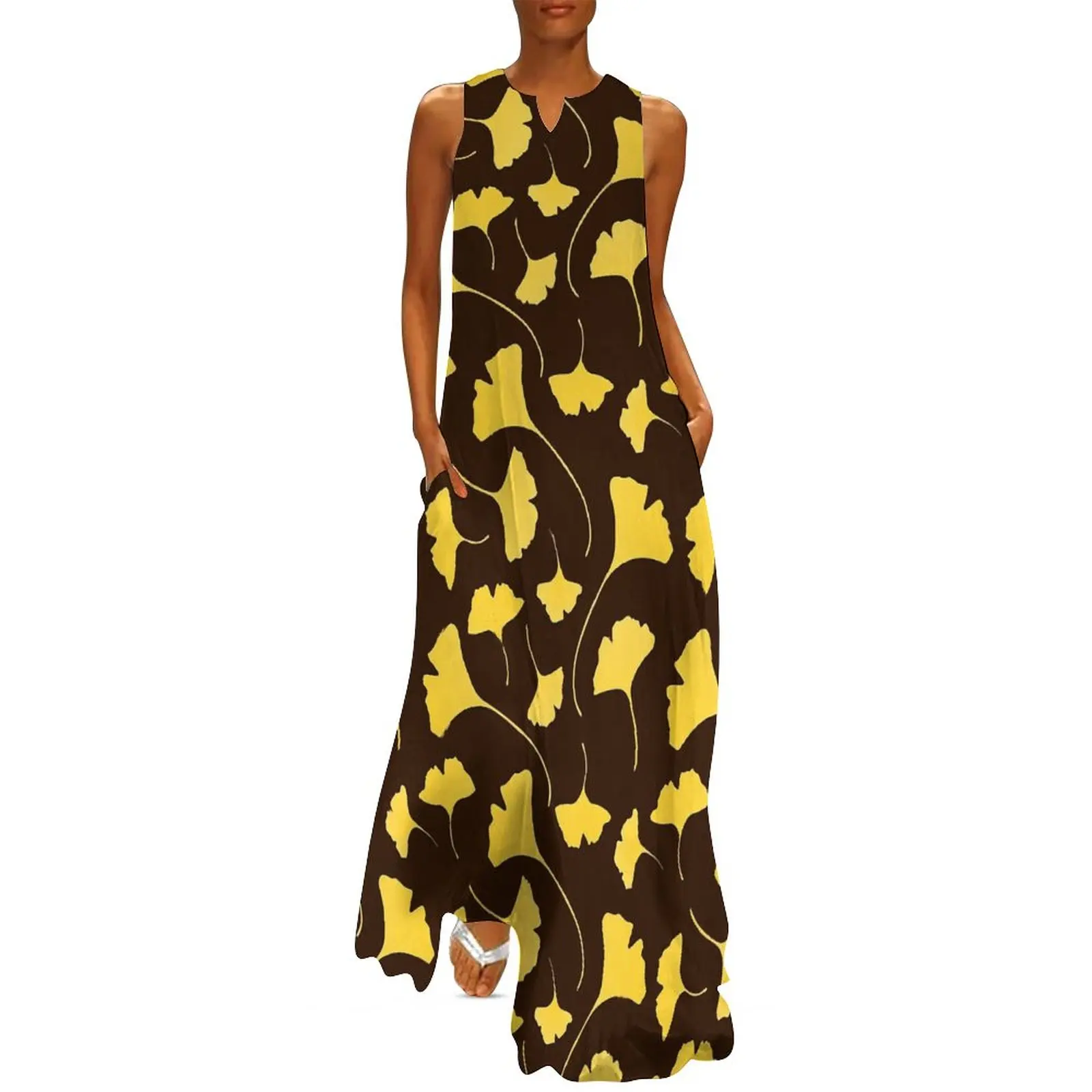 Giallo Ginkgo Biloba Dress Summer Leaves Print Street Style Boho Beach Abiti Lunghi Ladies Pattern Kawaii Maxi Dress Large Size
