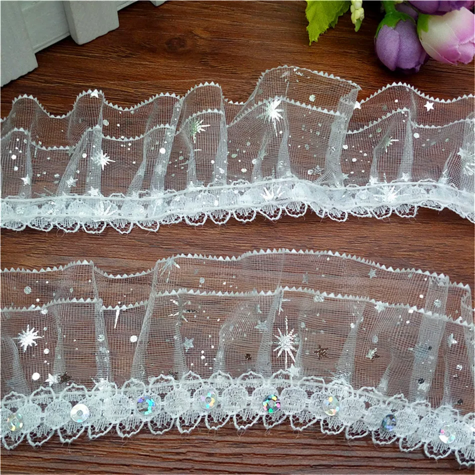 3-Layer Golden Silver Stars Flower Lace Gathered Pleated sequined Trim DIY Lace fabric 1/ 3/ 5yards