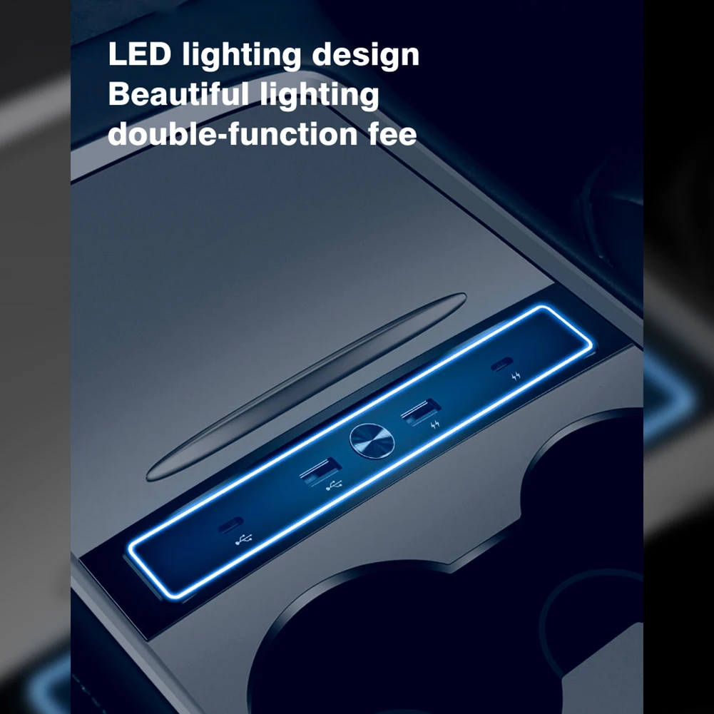 Byscoon For Tesla Model 3 Y 도킹 스테이션 27W 빠른 충전기 USB LED 션트 허브 확장 센터 콘솔 4 포트 스마트 센서