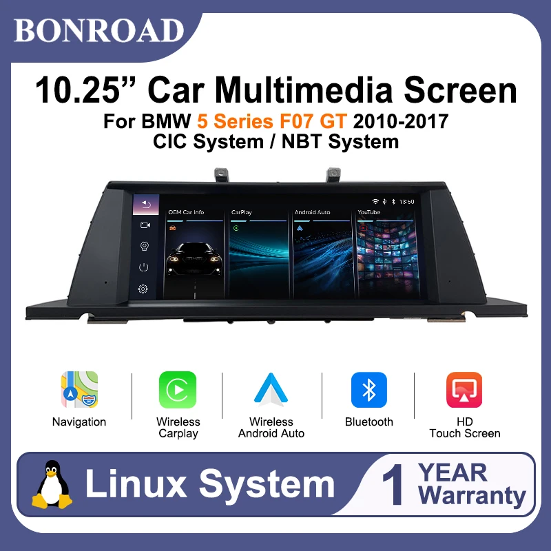 Pantalla táctil inalámbrica BONROAD de 10.25 pulgadas con Carplay Linux y Android Auto Autolink para BMW Serie 5 F07 GT 2010-2017 con sistema CIC/NBT 1